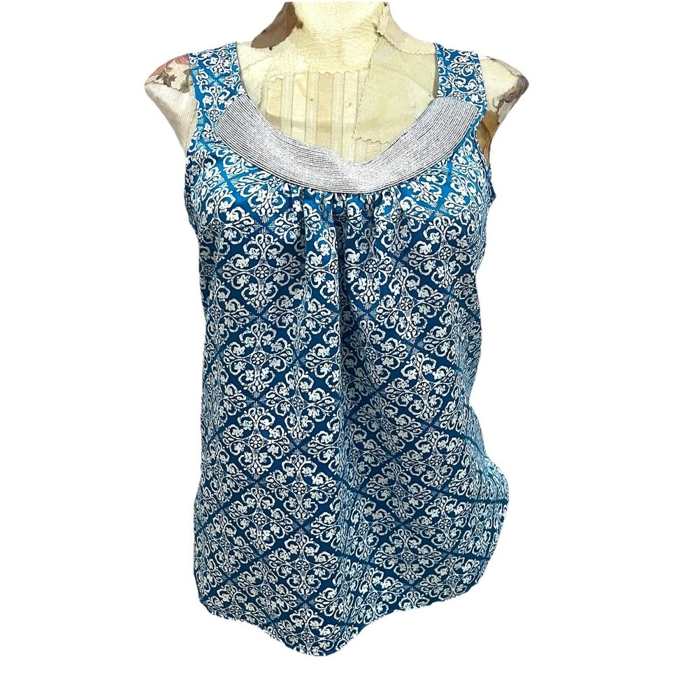 Gap Women Blue & White Polyester Sleeveless Blouse Scoop Jewel Neckline Size S